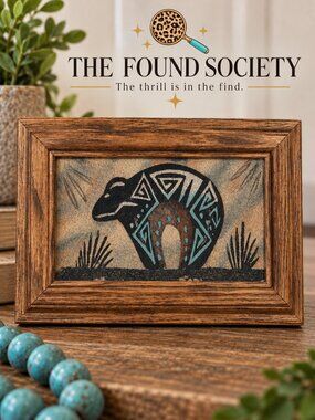 Framed Navajo Sandpainting Bear Southwestern Sand Art 7.5" x 4.25"